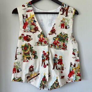 Vintage Christmas Handmade Vest Holiday Scene Retro Tree Fits Like Medium 90s